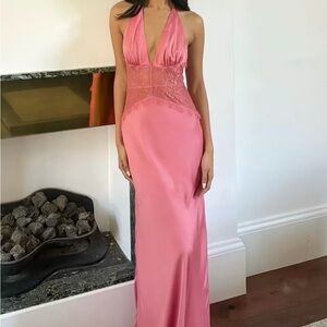 Pink Satin Lace Halter Maxi Dress 💓
